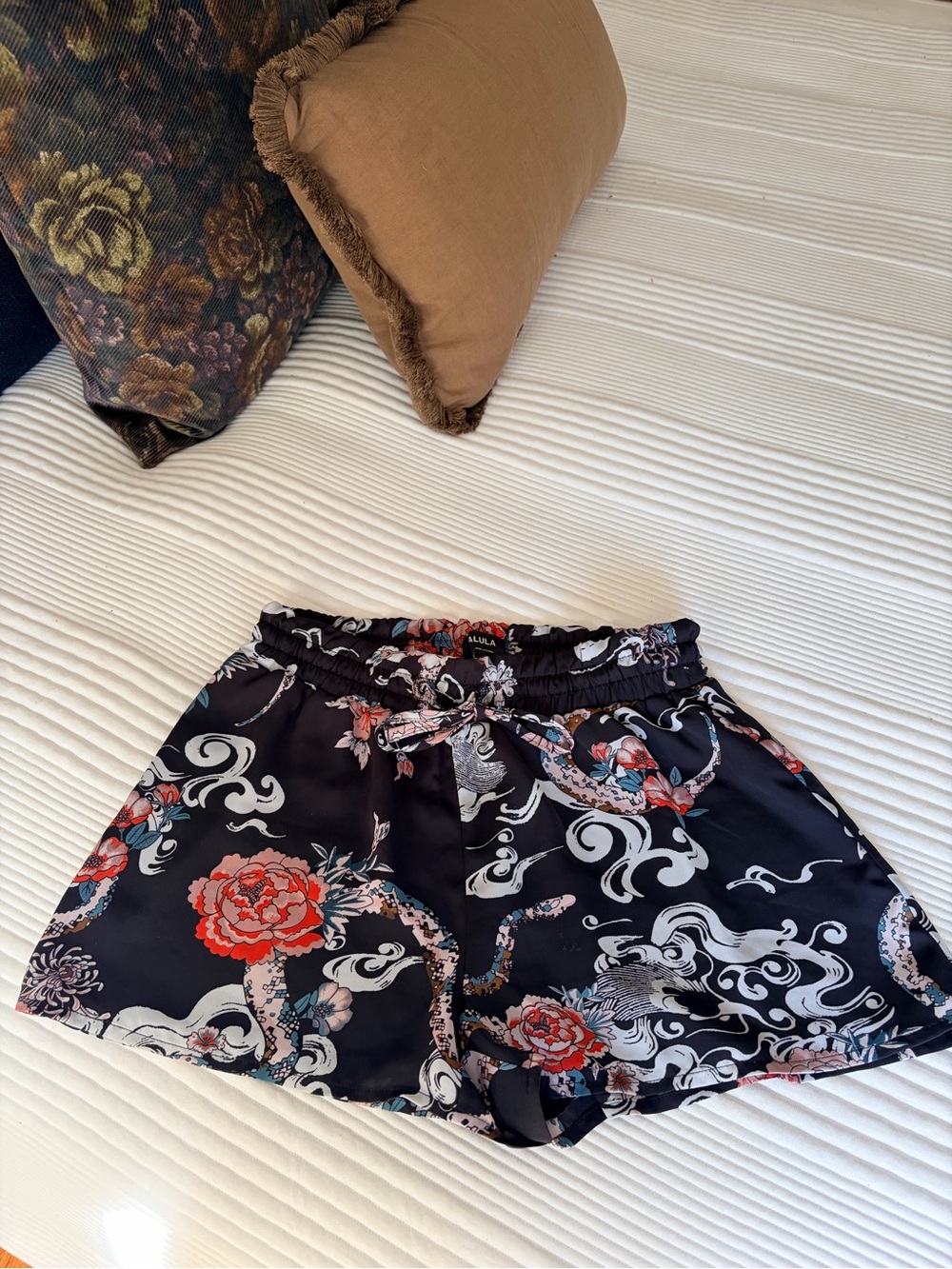 Aritzia Black Satin High-Waist Printed Shorts